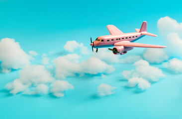 Fototapeta na wymiar Aeroplane flying above cotton clouds. Airline travel, holiday, background. AI generated image