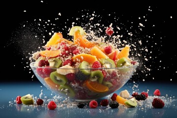 ingredients for fruit salad tossed mid-air, frozen motion