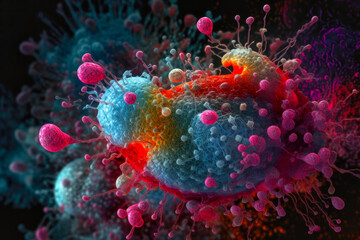 Colorful cell interaction between T cell and cancer cell (Generative AI)