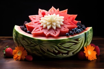 Fototapeta na wymiar fruit salad in a carved-out watermelon bowl