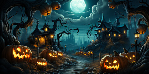 Old Wooden Haunted house with pumpkins in spooky dark forest. Full moon. Halloween concept - obrazy, fototapety, plakaty