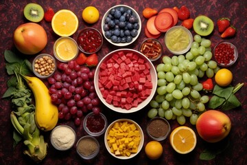 aerial view of arranged fruit salad ingredients