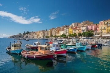 Fototapeta na wymiar Vibrant seaside port with multicolored boats and yachts. Generative AI