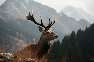 Wild buck in mountains symbolizes hunting and nature. Generative AI