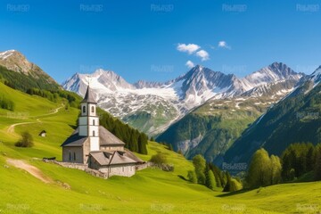 Fototapeta na wymiar Amazing view of Austrian Alps with Heiligenblut church and Grossglockner peak. Generative AI