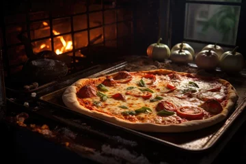 Foto op Plexiglas homemade pizza baking in oven with light © altitudevisual