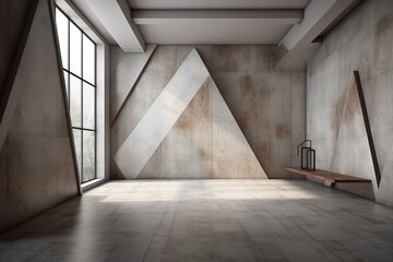 Minimalist empty room with concrete walls and geometric design. Generative AI