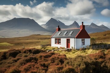 A single Scottish croft house amidst mountain landscapes of Skye's Red Cuillins & Glamaig Peak. Generative AI - obrazy, fototapety, plakaty