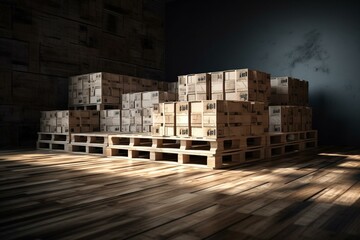 3D image of cardboard boxes on a wooden pallet. Generative AI