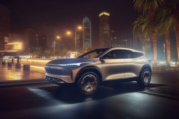 Luxury EV driving through illuminated city at night. Generative AI