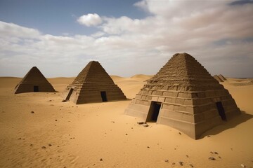 Egyptian pharaohs' tombs inside sand-filled pyramids in African desert. Generative AI