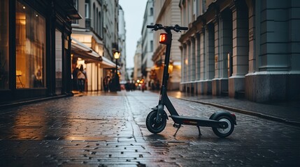 An electronic scooter in an urban environment. Created using Generative AI technology.