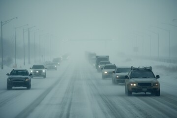 Cars driving on snowy, icy highway amidst blizzard on winter day. Generative AI