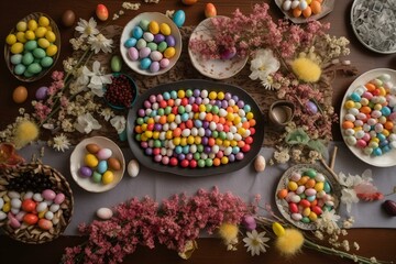 View of table top adorned with multicolored Easter eggs. Generative AI