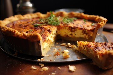 golden brown quiche with a slice being removed