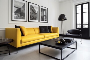 Sleek modern space with yellow sofa, black frames, coffee table & décor - sophisticated, understated style. Generative AI