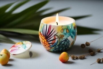 Hand-drawn watercolor scented candle made of soy and coconut wax with trendy u shape design. Ideal for aromatherapy, meditation, and hygge home decor. Generative AI