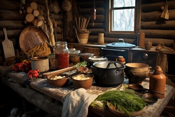 rustic kitchen setup with soup pot, wooden spoon, and spices