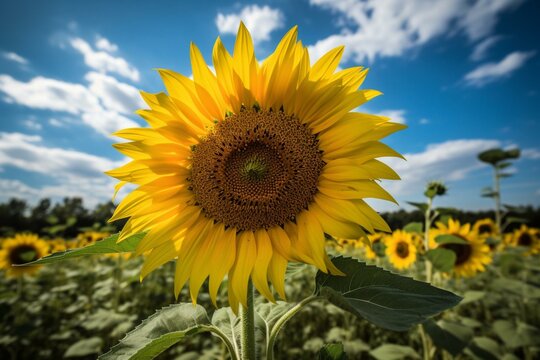 A vibrant sunflower stands tall in a lush field under a glorious blue sky. Generative AI