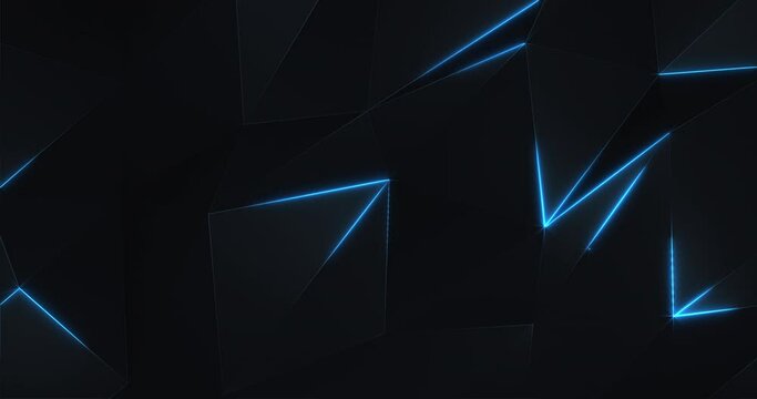 Dark futuristic low poly surface background with the gentle motion of black polygonal triangle shapes and glowing blue neon light. 4K and looping technology motion background animation.