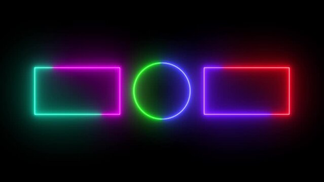 Abstract bright neon frame. rectangular and circle frame made of two moving neon lights. e_590