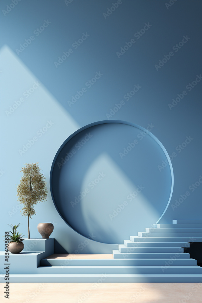 Wall mural minimal scene with podium and abstract background, blue color