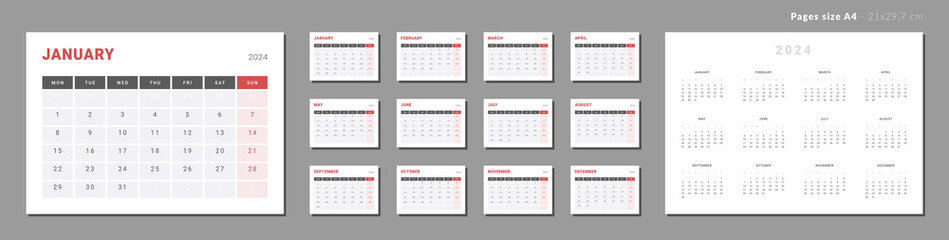 Set of Monthly pages Calendar Planner Templates 2024 for wall or desk in grey and red color. Vector layout of calendar with week start Monday for print. Pages for size A4 or 21x29.7 cm
