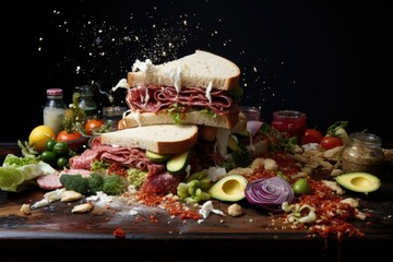 Fototapeta na wymiar deconstructed sandwich with ingredients scattered