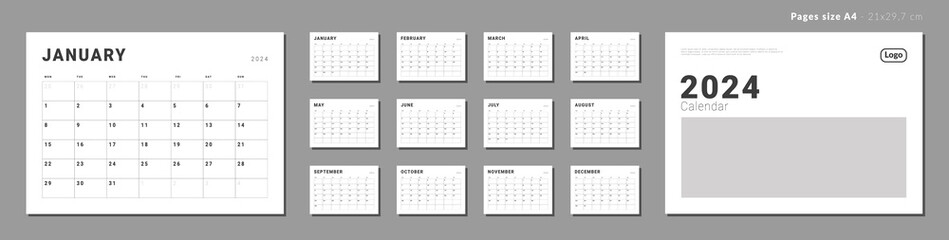 Set of Monthly pages Calendar Planner Templates 2024 for wall or desk with Cover and place for Photo, Company Logo. Vector layout of simple calendar with week start Monday for print. Pages for size A4