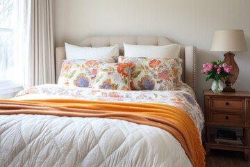 freshly made bed with patterned linens and pillows