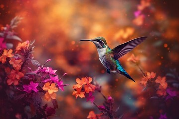 Pixelated hummingbird amidst colorful flowers. Generative AI
