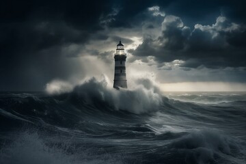 Fototapeta na wymiar Stormy night lighthouse with lightning and waves. Generative AI