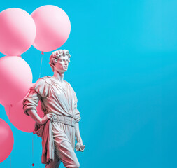 Antique sculpture surrounded with pink balloons. Bubble gum contrasting background. AI generated image