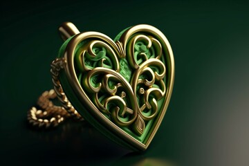 3D ethnic heart pendant with a clover design for St. Patrick's Day. Copy space included. Generative AI