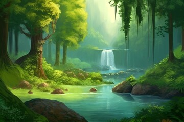A magical forest with towering trees and lush greenery, featuring a stunning waterfall. Digital painting illustration. Generative AI