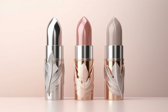 Metallic cosmetic lipstick tube with leaf motif on light bg, highlights and shading. Generative AI
