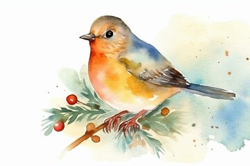 Watercolor painting of a festive bird for the holiday season. Generative AI