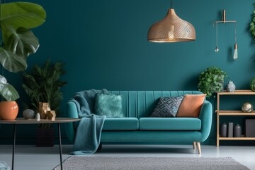 Teal living room with a comfortable sofa. Generative AI