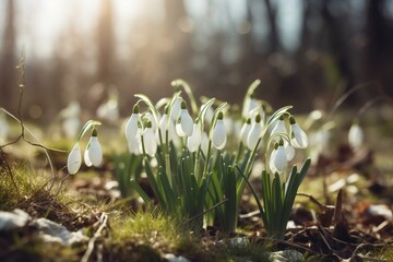 White snowdrops on green meadow, sunny easter spring background. Generative AI