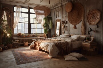 Boho chic apartment designed for ultimate relaxation. Hygge-inspired bedroom and bohemian style interior. Generative AI