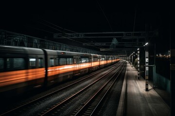Fototapeta na wymiar Train in motion during night time. Generative AI