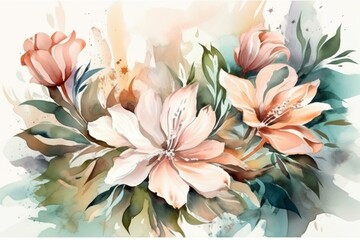 Watercolor-style luxurious floral elements on botanical background for prints, invites, postcards. Large 3D spring flowers. Generative AI