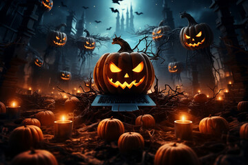 Spooky Pumpkin Tech, Halloween Background with Jack-o'-Lanterns