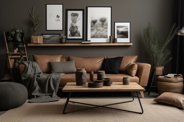 Sophisticated room design with poster frame, brown sofa, wooden coffee table, black stand, books, grey wall, and personal items. Home decor theme. Generative AI