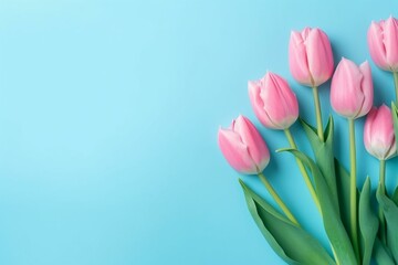 Spring flowers: pink tulips on blue background. Generative AI - obrazy, fototapety, plakaty