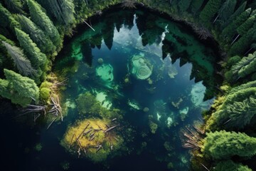 aerial view of a hidden forest lagoon