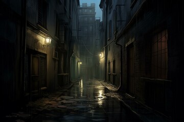 Fototapeta na wymiar Illustration of a dim and damp alley, perfect for a mystery novel or horror story. Generative AI