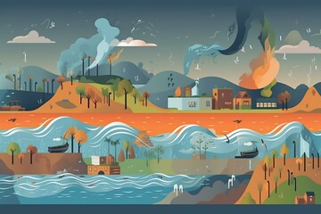 Illustration of extreme weather caused by climate change including storms and rising temperatures. Generative AI