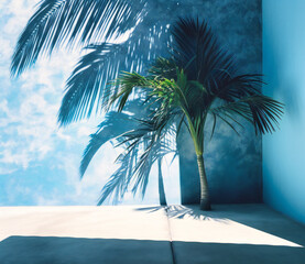 Shadow of a palm tree off a blue wall