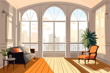 Illustration of contemporary flat with large French window, designed with modern methods. Generative AI